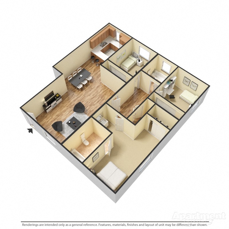 Floor plan for 3 beds, 2 baths, 1300 sqft